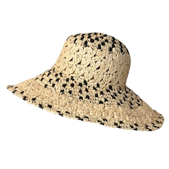 NWT Magid Hats Black & Neutral Straw Crochet Wide Brim Sun Summer Floppy Hat - Picture 11 of 12